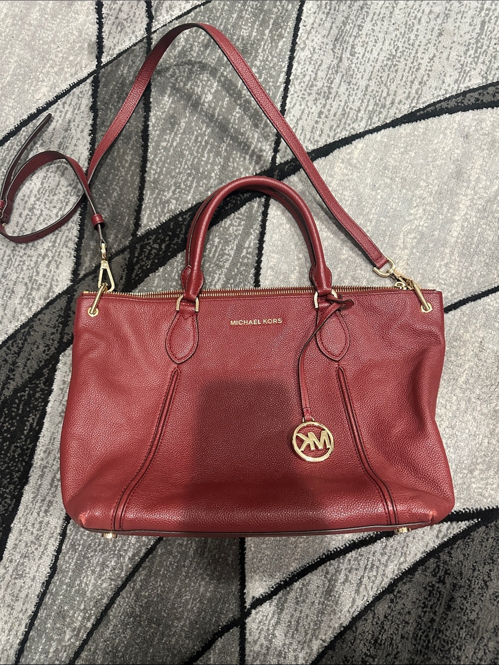 Michael Kors Burgundy Leather Satchel with Gold-Tone Hardware